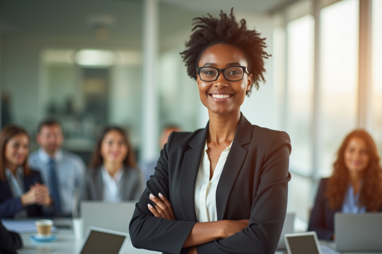 Femme d'affaires confiante en réunion dans un bureau lumineux
