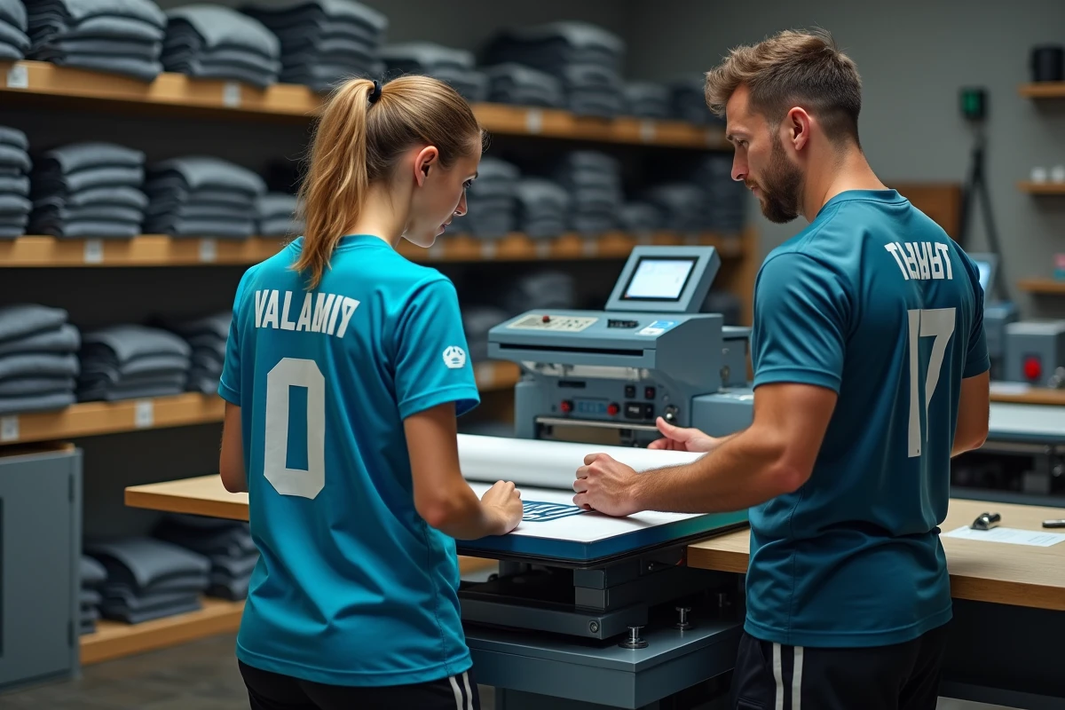 Femme observant un technicien appliquant un nom sur un maillot de sport