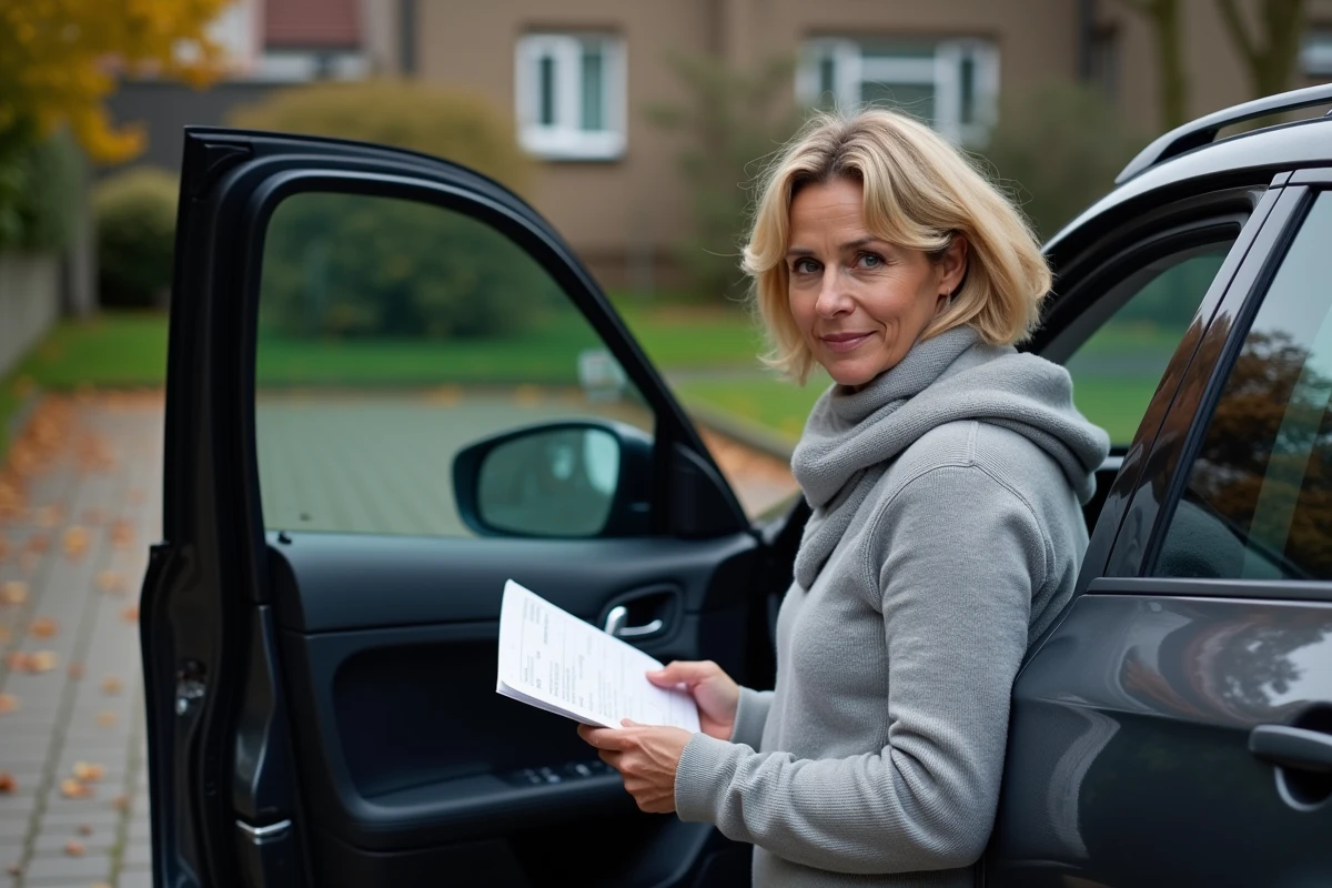 Femme lisant le manuel automobile devant sa voiture