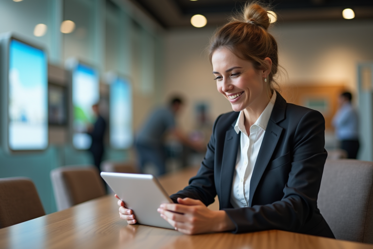 Femme d affaires souriante utilisant une tablette dans une banque moderne