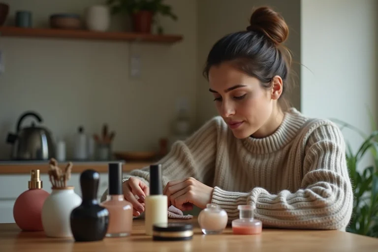 Femme examinant des produits de beauté d'occasion