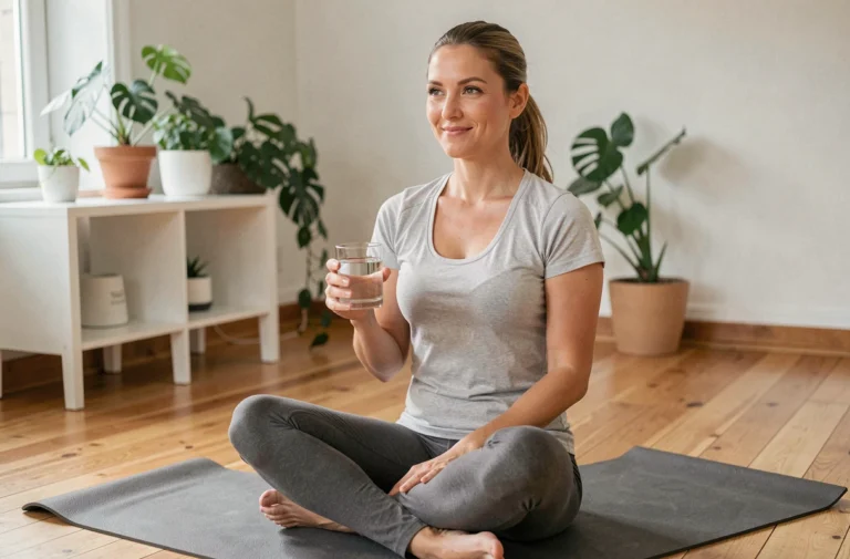 Femme pratiquant la pleine conscience à domicile avec un verre d'eau, illustration de bien-être et santé au quotidien