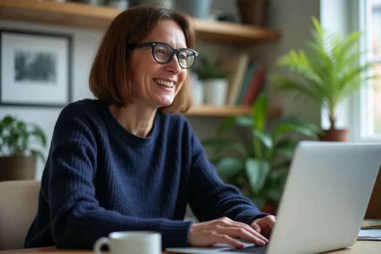 Femme d'âge moyen utilisant un ordinateur avec Labo Linux dans un bureau cosy
