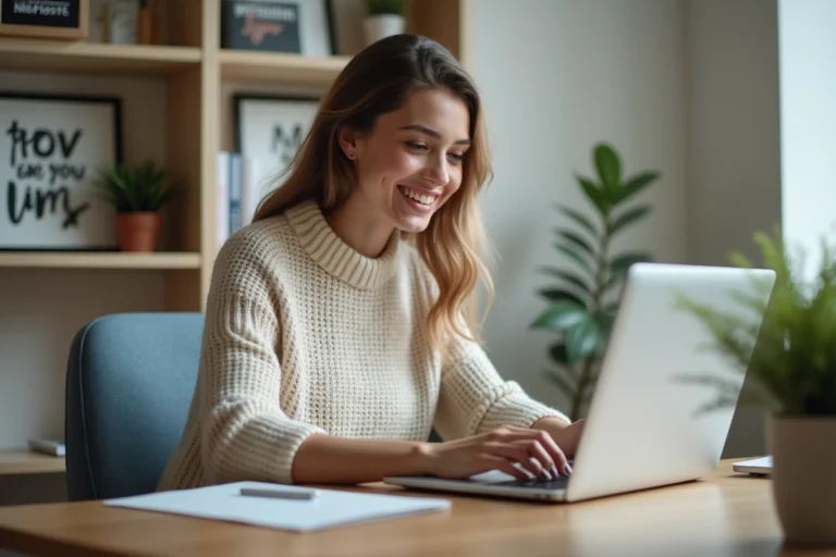 Jeune femme concentrée travaillant sur son ordinateur dans un bureau lumineux