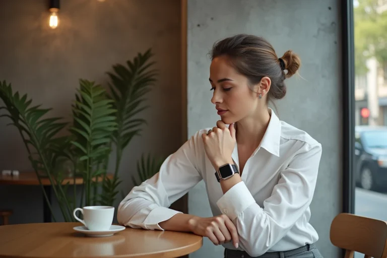 Femme contemplant sa montre Cluse dans un café moderne