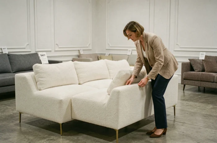 Femme examinant un canapé design lors d'un déstockage Roche Bobois en showroom