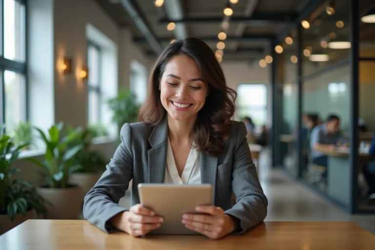 Femme confiante utilisant une tablette dans un espace coworking