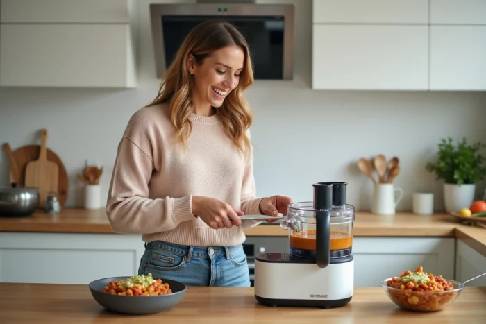 Femme en cuisine utilisant un robot multifonction pour cuisiner