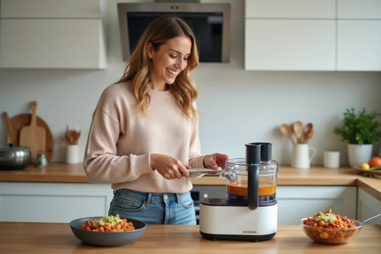Femme en cuisine utilisant un robot multifonction pour cuisiner