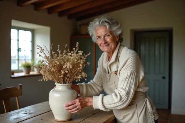 Femme en pull marin breton arrangeant des fleurs séchées dans un vase en grès sur une table en chêne rustique