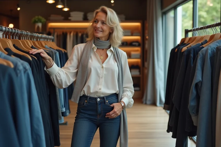 Femme élégante de 70 ans en jeans dans une boutique