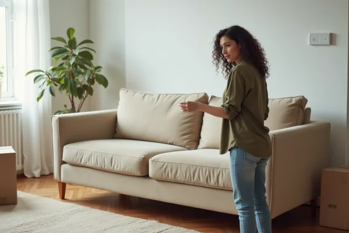 Femme examinant un vieux canapé beige avant de le recycler ou le revendre dans un appartement