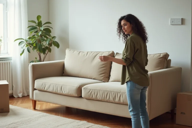 Femme examinant un vieux canapé beige avant de le recycler ou le revendre dans un appartement
