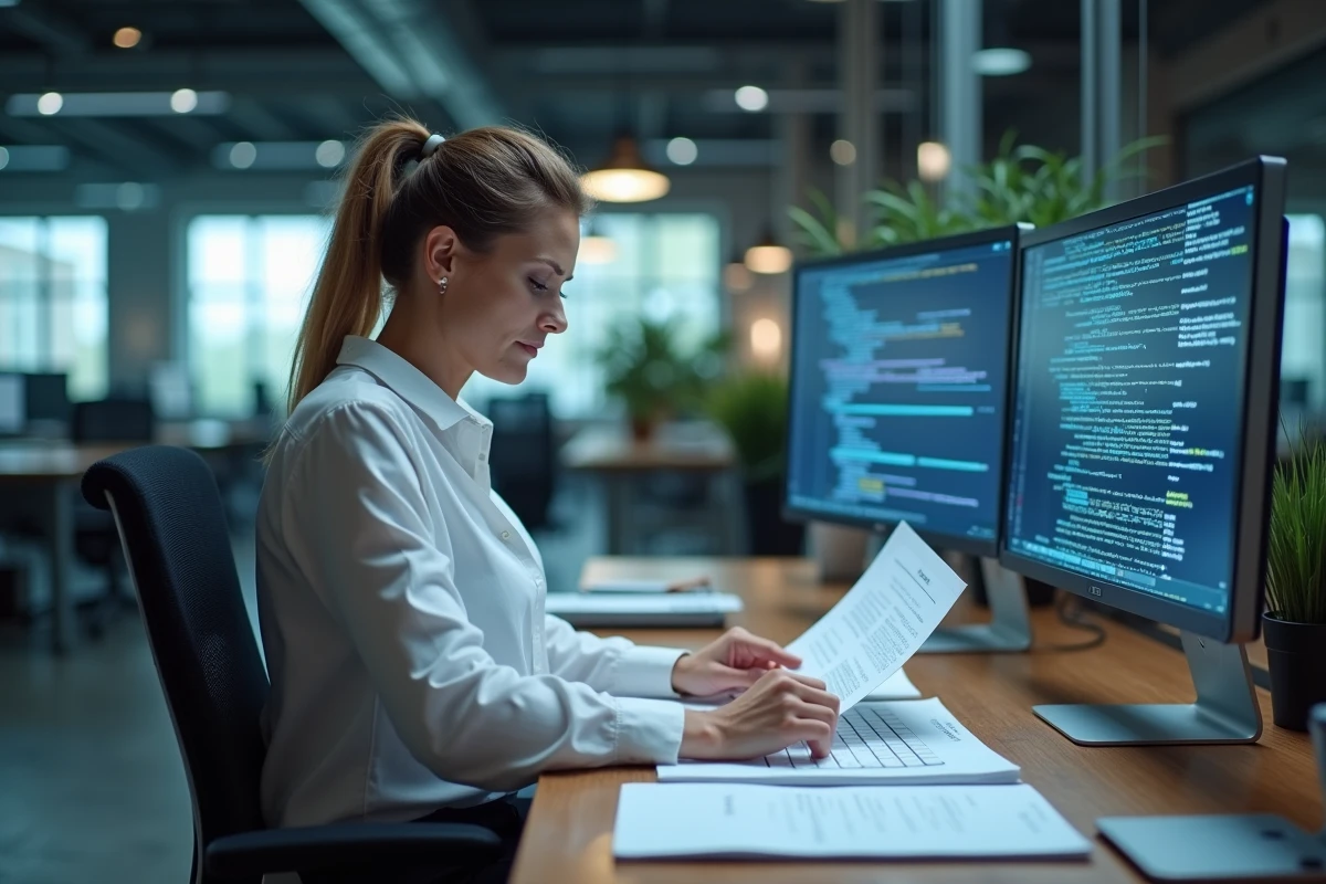 Femme d age moyen analysant des rapports de cybersécurité au bureau