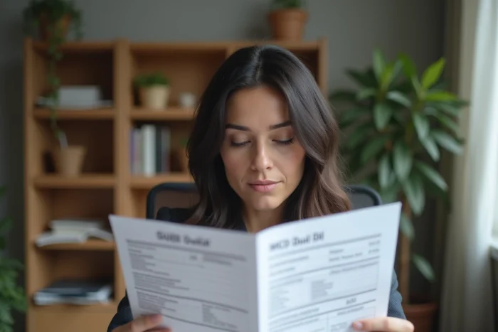 Femme française au bureau étudiant des documents sociaux