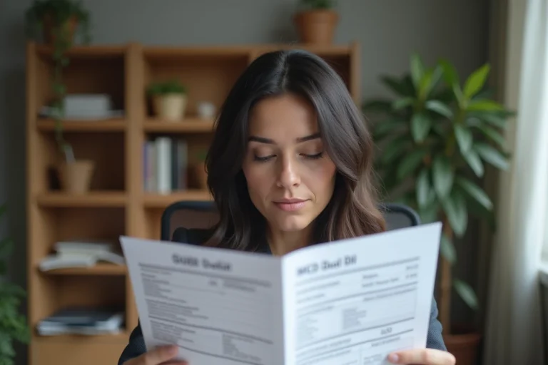 Femme française au bureau étudiant des documents sociaux