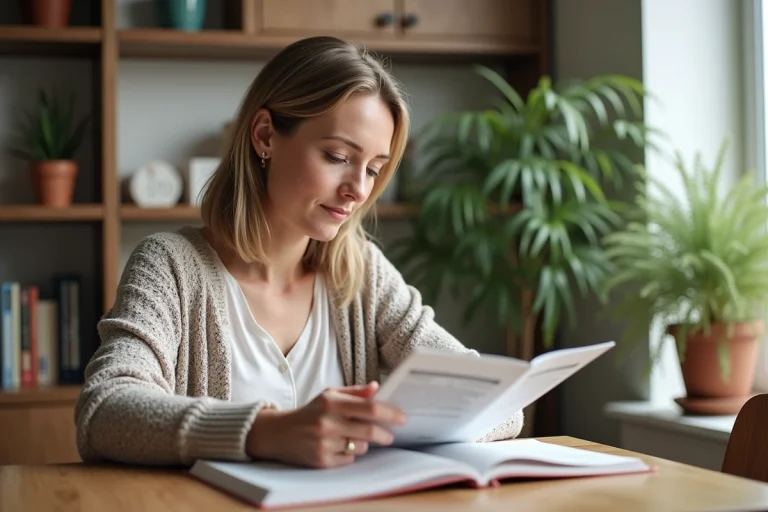Femme lisant un guide de renovation dans un appartement lumineux
