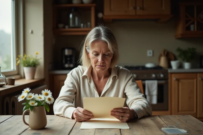 Femme lisant une lettre de condoléances manuscrite à la table de sa cuisine avec des fleurs blanches
