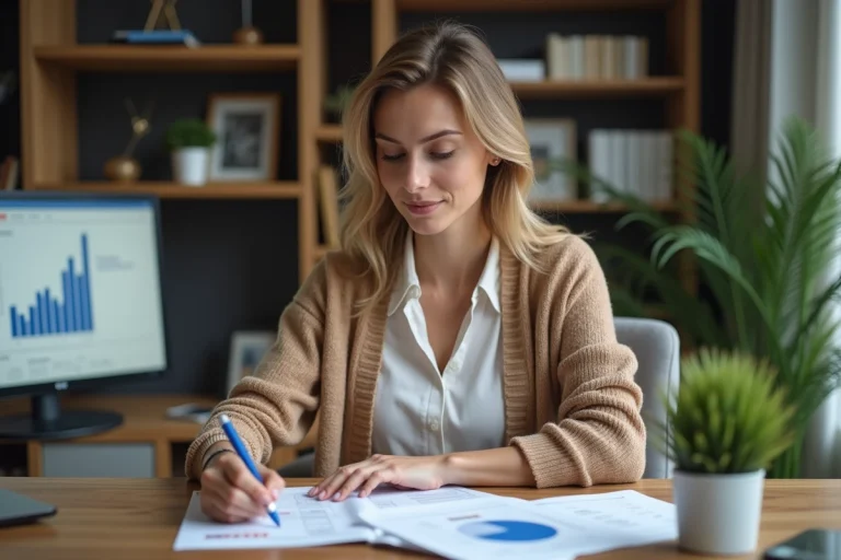 Femme concentrée à son bureau en train de revoir des documents financiers