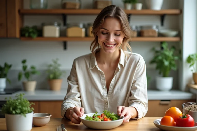 Femme souriante préparant une salade sans gluten dans la cuisine moderne