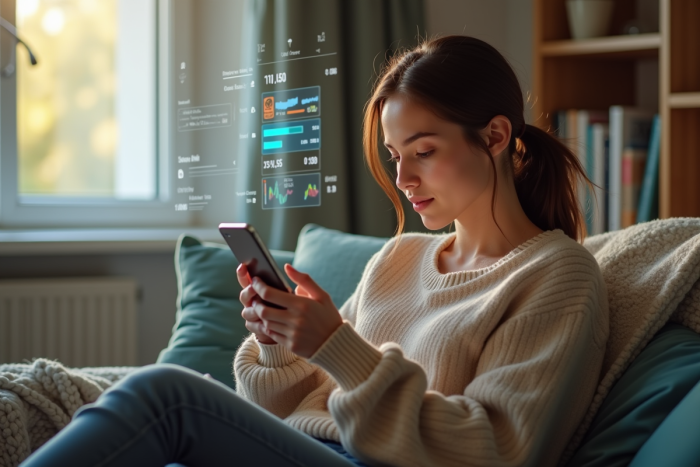 Jeune femme utilisant son smartphone pour la banque à domicile