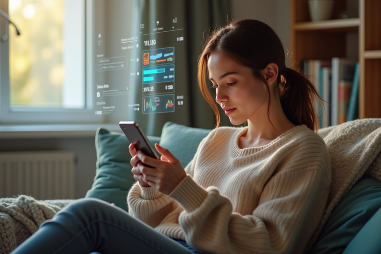 Jeune femme utilisant son smartphone pour la banque à domicile