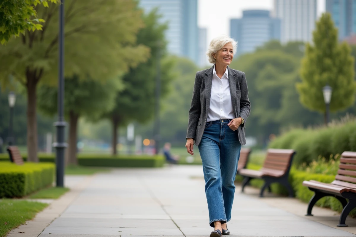 Femme senior en jeans dans un parc urbain ensoleille