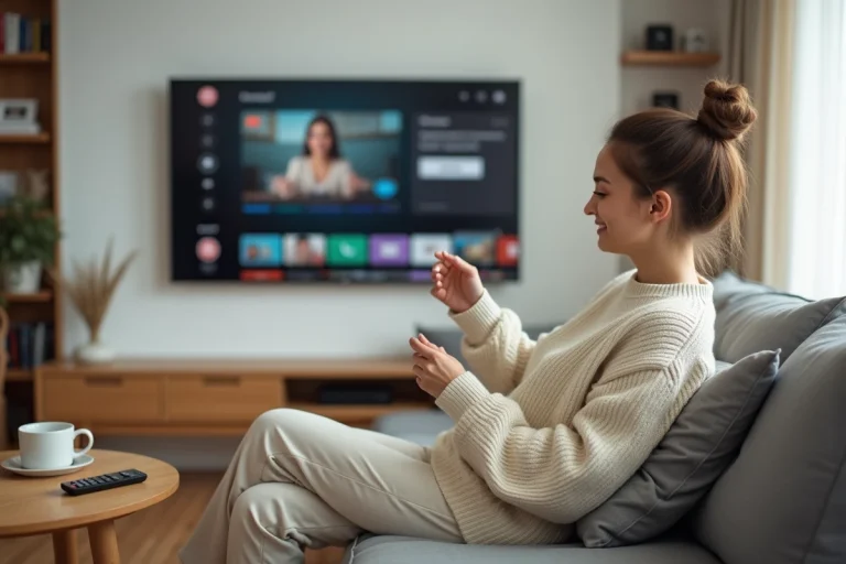 Femme en pull tricoté regardant une interface de streaming sur sa télévision dans un salon moderne et confortable