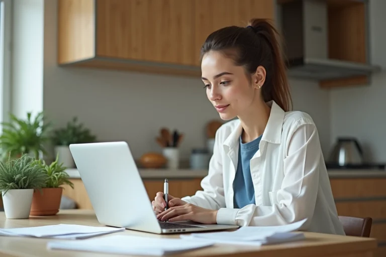 Jeune femme travaillant en ligne dans une cuisine moderne