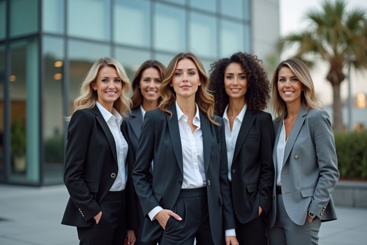 Groupe de femmes dirigeantes devant un bâtiment moderne en plein air