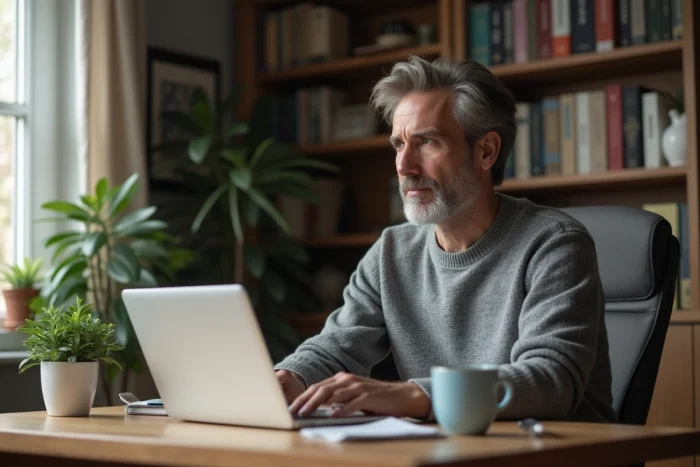 Homme suivant une formation professionnelle en ligne depuis son bureau à domicile avec un ordinateur portable