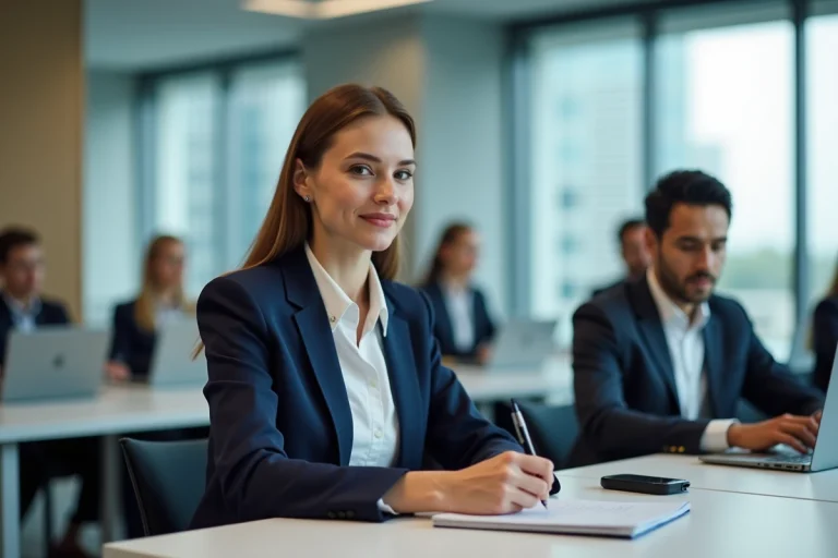 Femme professionnelle prenant des notes lors d'une formation en entreprise dans une salle de conférence moderne