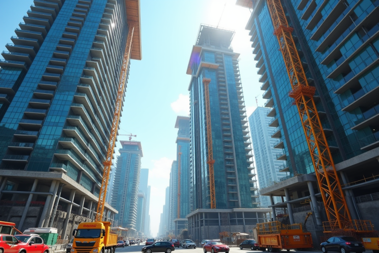 Gratteciel en construction dans une ville animée en plein jour