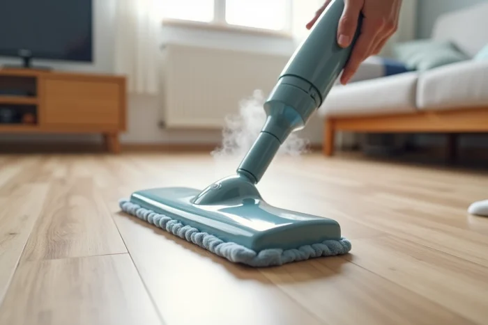 Gros plan sur la buse et la semelle microfibre d'un balai vapeur Lidl d'occasion émettant de la vapeur sur un sol stratifié