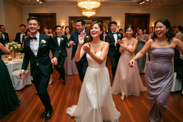 Groupe de danseurs lors d'un mariage chic en intérieur