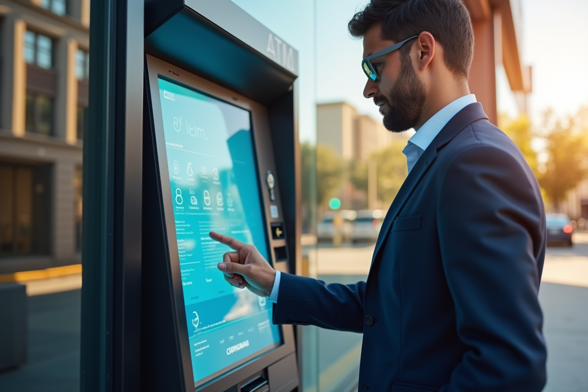 Homme professionnel utilisant un distributeur futuriste devant une banque