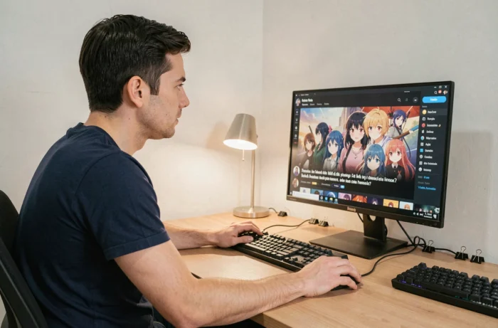 Homme utilisant un site de streaming anime en VF sur son écran de bureau dans un bureau à domicile