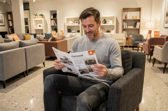 Homme consultant un catalogue de déstockage Roche Bobois assis dans un fauteuil design en boutique