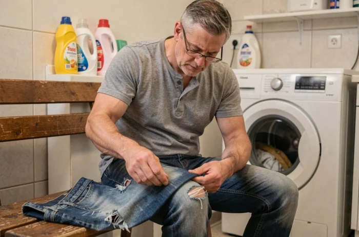 Homme inspectant un jean usé sur ses genoux dans une buanderie domestique, évaluant l'usure du tissu avant remplacement