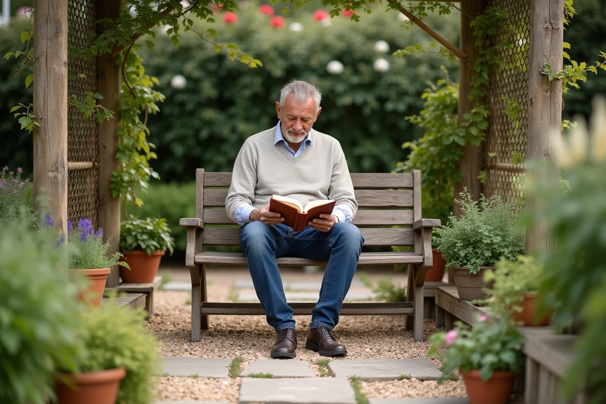 Homme lisant un livre de jardinage dans un jardin accueillant