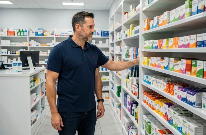 Homme consultant les produits de santé dans une pharmacie moderne, conseils santé et prévention au quotidien