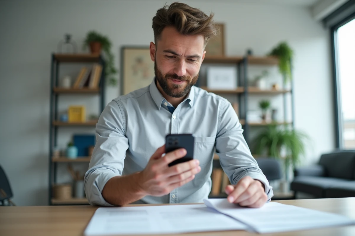 Homme dearly 30 ans photographiant des documents officiels