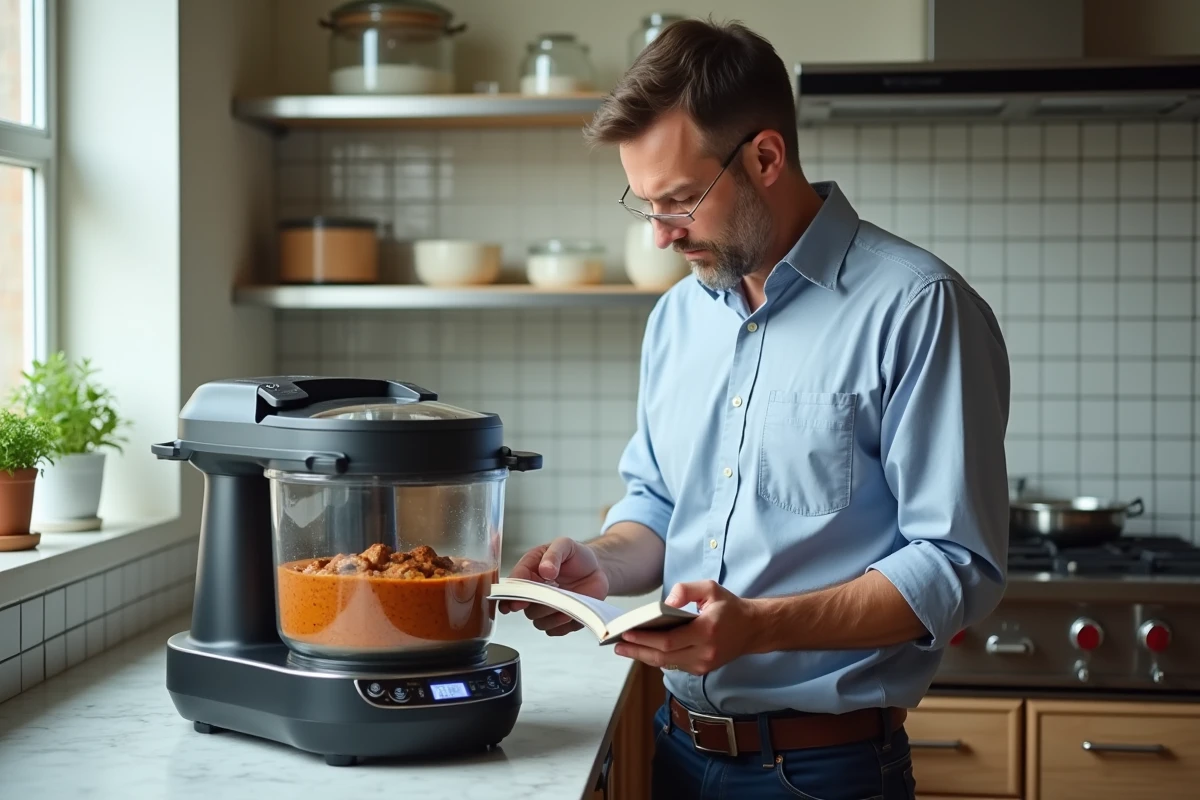 Homme lisant une recette près d’un appareil de cuisine moderne