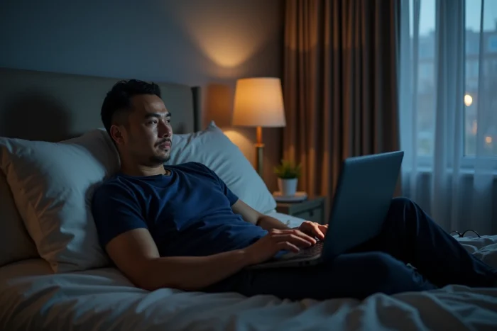 Homme d'âge moyen regardant un film en streaming sur son ordinateur portable allongé dans sa chambre le soir