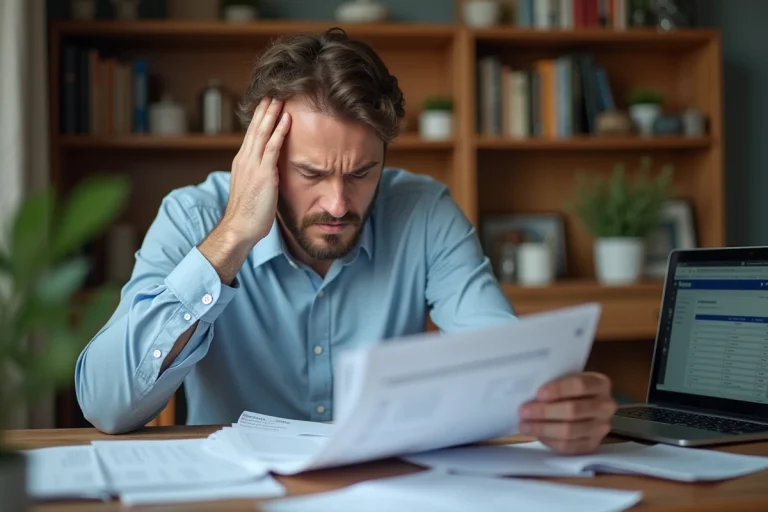 Homme stressé face à des relevés bancaires et des lettres de relance pour un crédit non remboursé