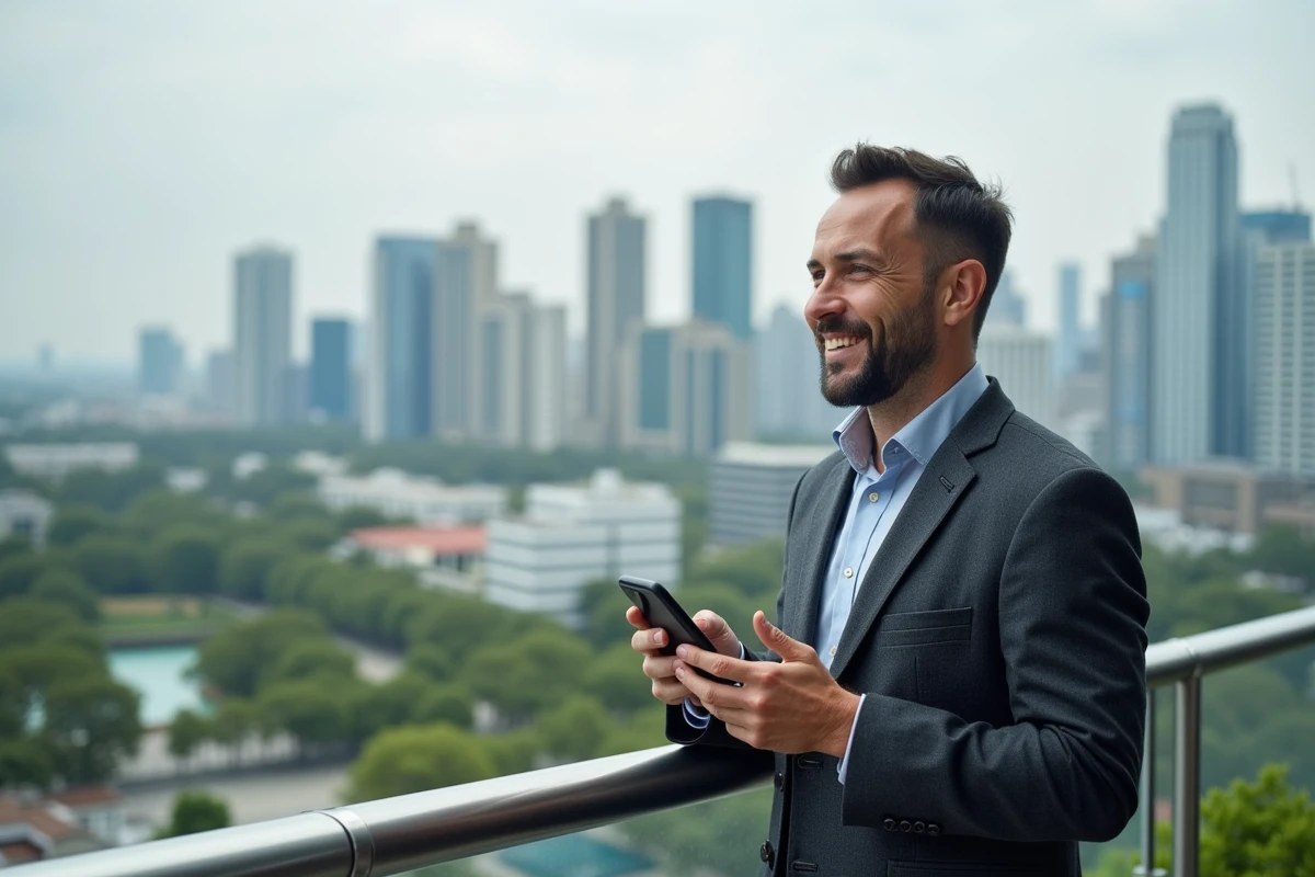 Homme d age moyen parlant sur une terrasse urbaine