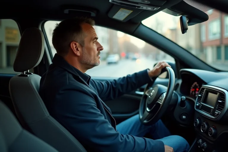 Homme regardant le tableau de bord de sa voiture