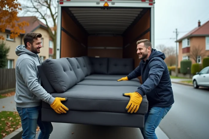 Deux hommes déchargeant un canapé gris d'un camion de déménagement pour le recycler ou le revendre