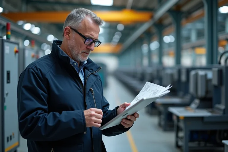 Ingénieur industriel étudiant un plan numérique dans une usine moderne