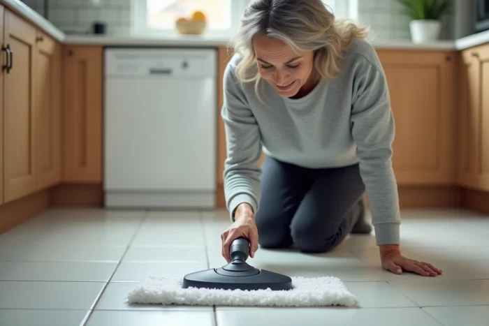 Femme inspectant un balai vapeur Lidl d'occasion posé sur un carrelage blanc dans une cuisine moderne